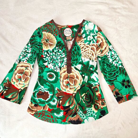Almatrichi Tops - Y2K Almatrichi Madrid Floral Print Blouse Green Brown Cotton VNeck 3/4 Sleeve, S